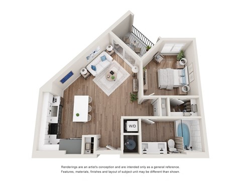 a stylized floor plan with a bedroom and a living room